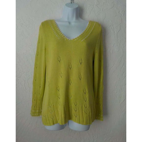Sigrid Olsen Green Silk Knit V-Neck Sweater Crochet n Ribbon Accent Women Small - Picture 1 of 12